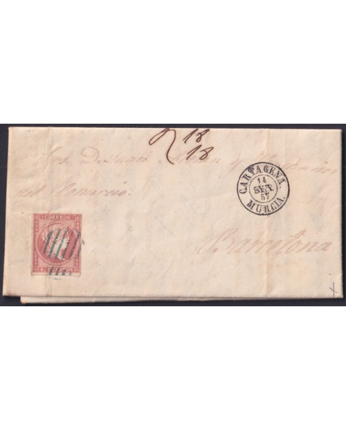 F-EX46323 ESPAÑA SPAIN 1857 4 cu Ed.48 CARTAGENA MURCIA TO BARCELONA.