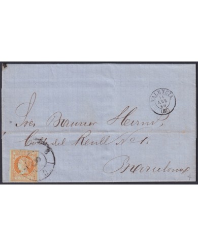 F-EX46339 ESPAÑA SPAIN 1862 4 cu Ed.52 R.C.8. VALENCIA TO BARCELONA.