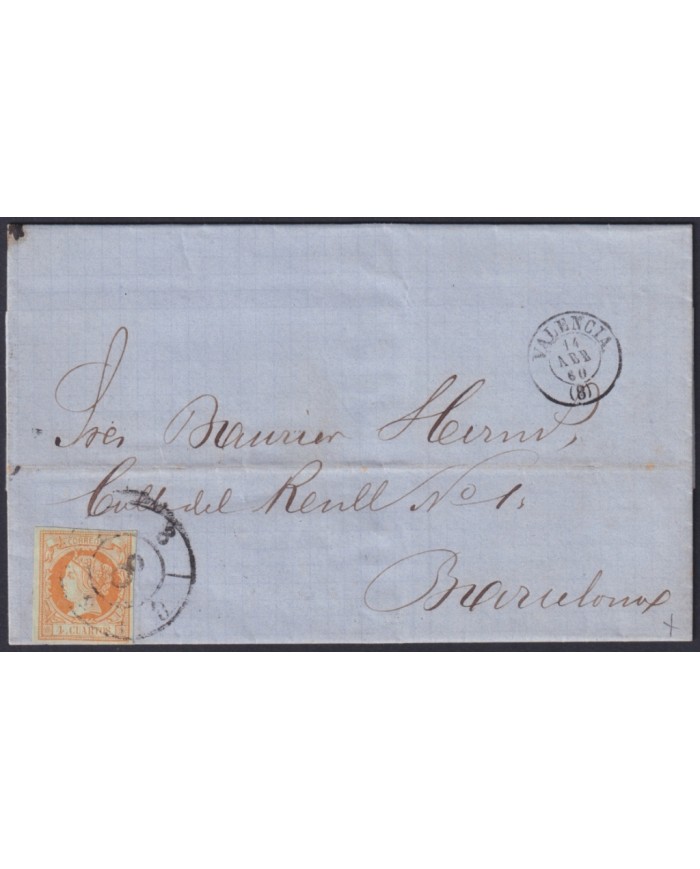 F-EX46339 ESPAÑA SPAIN 1862 4 cu Ed.52 R.C.8. VALENCIA TO BARCELONA.