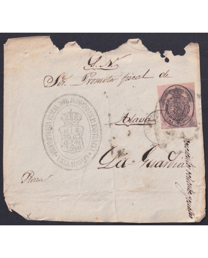 F-EX46352 ESPAÑA SPAIN 1855 1 onza 1857 Ed.36 FRONT COVER VALLADOLID TO LA GUARDIA.