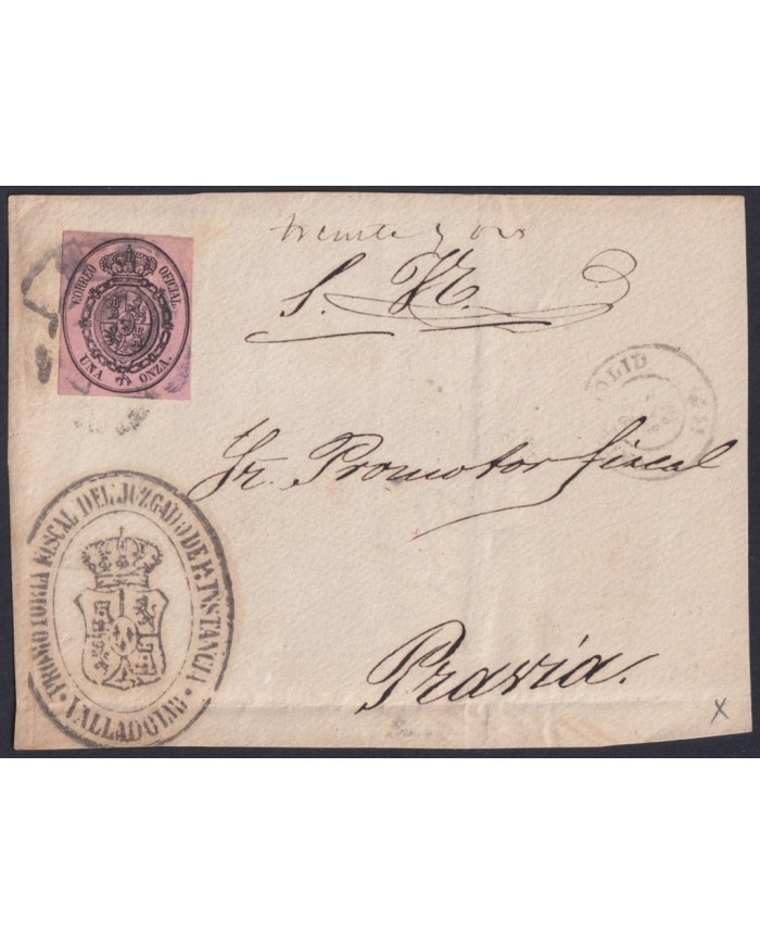 F-EX46354 ESPAÑA SPAIN 1855 1 onza 1857 Ed.36 FRONT COVER VALLADOLID TO PRAVIA.