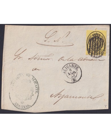 F-EX46355 ESPAÑA SPAIN 1855 1/2 onza 1857 Ed.35 FRONT COVER ALICANTE TO AYAMONTE.