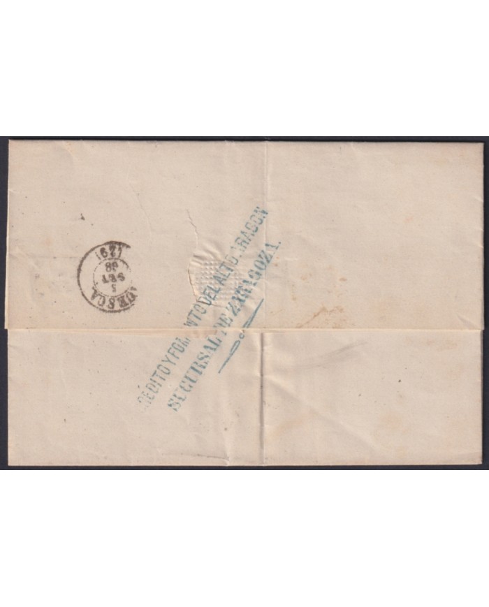 F-EX46371 ESPAÑA SPAIN 1867 50 mls Ed.96 ZARAGOZA TO HUESCA.