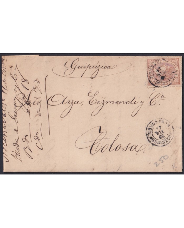 F-EX46373 ESPAÑA SPAIN 1867 50 mls 1868 Ed.96 MONDRAGON, GUIPUZCOA TO MADRID.