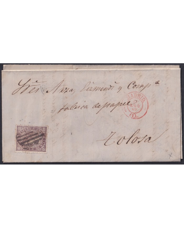 F-EX46377 ESPAÑA SPAIN 1868 50 mls Ed.98 MADRID TO TOLOSA, SAN SEBASTIAN.