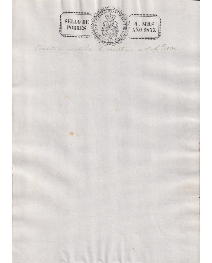 1837-PS-8 ESPAÑA SPAIN REVENUE SEALLED PAPER 1837 POBRES UNUSED “HABILITADO·.