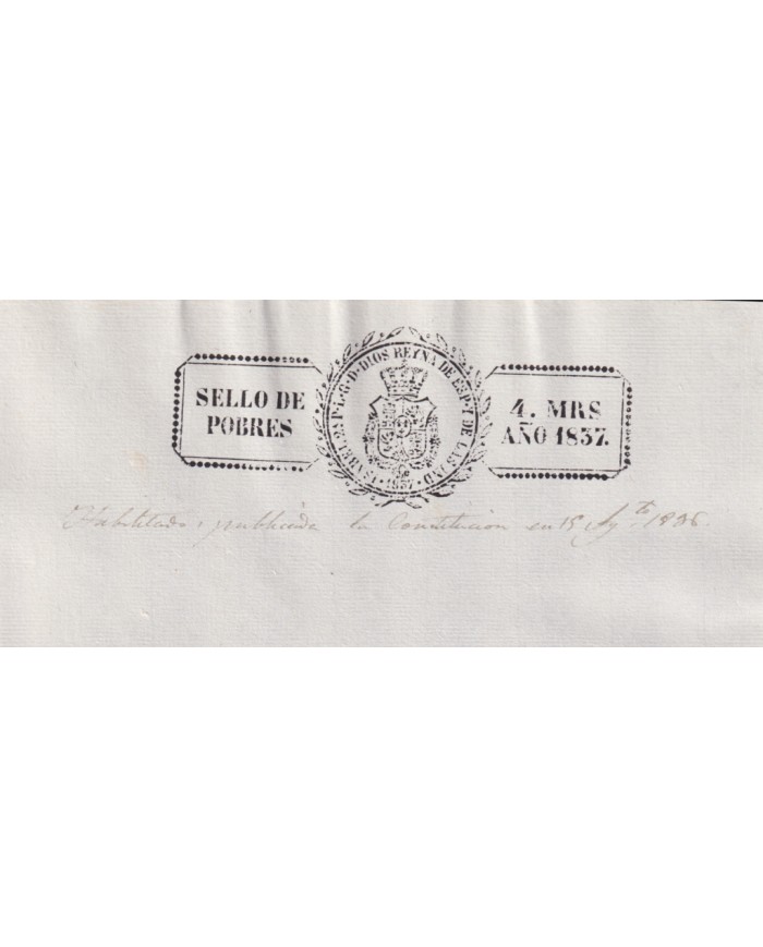 1837-PS-8 ESPAÑA SPAIN REVENUE SEALLED PAPER 1837 POBRES UNUSED “HABILITADO·.