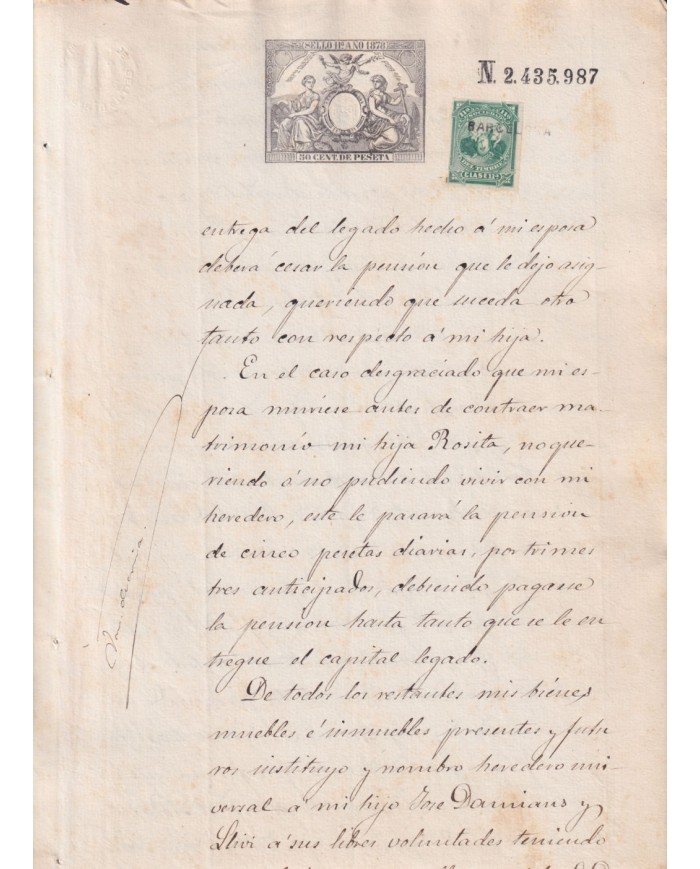 1878-PS-11 ESPAÑA SPAIN REVENUE SEALLED PAPER 1878 SELLO 11º + SOC TIMBRE BARCELONA.