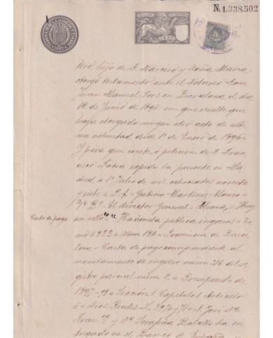1897-PS-6 ESPAÑA SPAIN REVENUE SEALLED PAPER 1897 SELLO 13º + 5c WAR TAX.