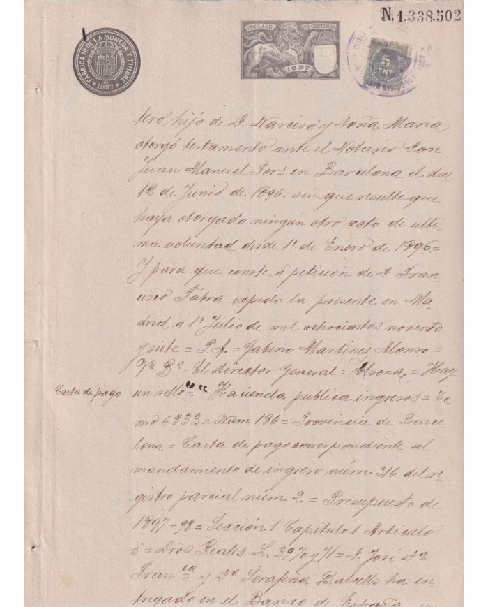 1897-PS-6 ESPAÑA SPAIN REVENUE SEALLED PAPER 1897 SELLO 13º + 5c WAR TAX.