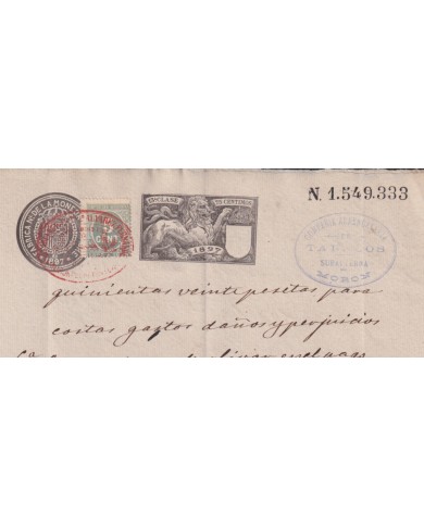1897-PS-5 ESPAÑA SPAIN REVENUE SEALLED PAPER 1897 SELLO 13º + 5c WAR TAX.