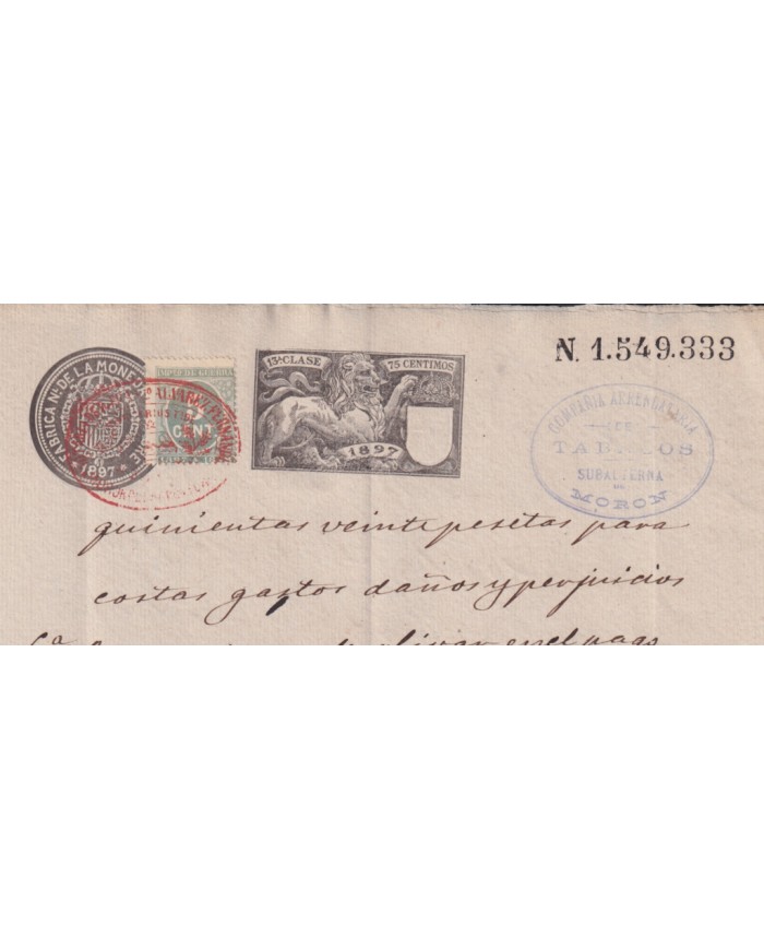1897-PS-5 ESPAÑA SPAIN REVENUE SEALLED PAPER 1897 SELLO 13º + 5c WAR TAX.