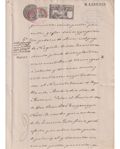 1897-PS-5 ESPAÑA SPAIN REVENUE SEALLED PAPER 1897 SELLO 13º + 5c WAR TAX.
