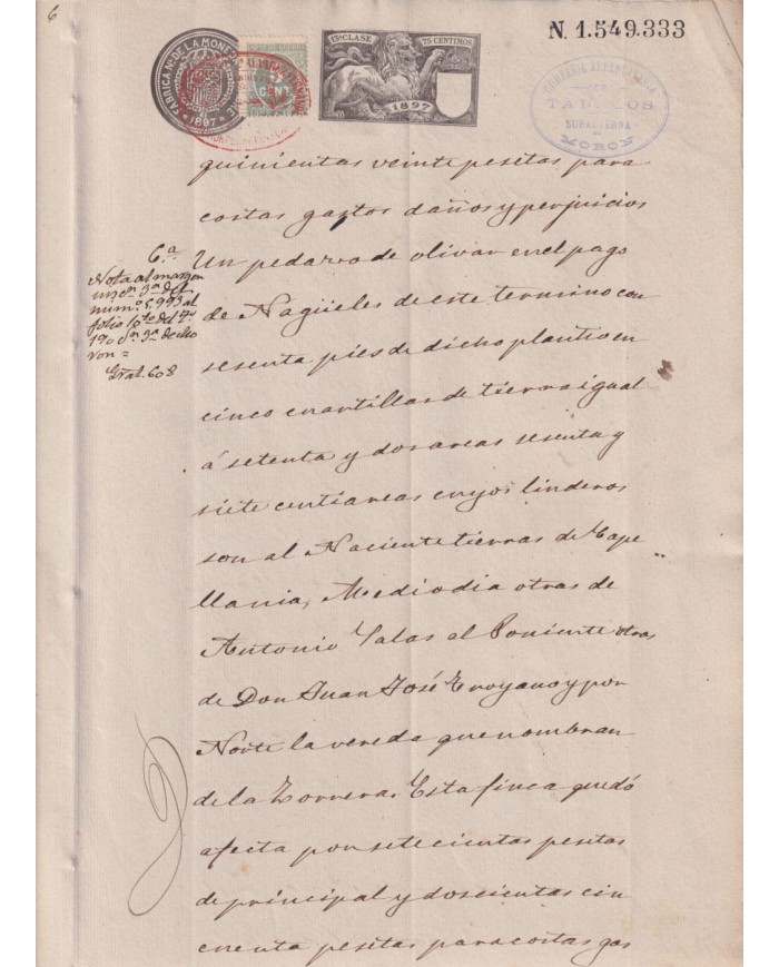 1897-PS-5 ESPAÑA SPAIN REVENUE SEALLED PAPER 1897 SELLO 13º + 5c WAR TAX.
