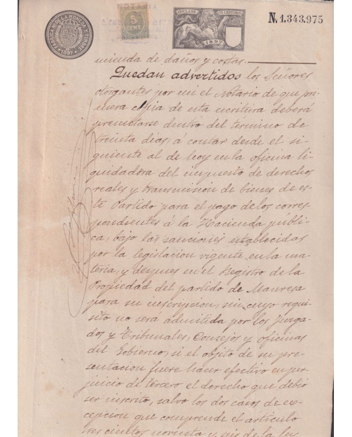 1897-PS-4 ESPAÑA SPAIN REVENUE SEALLED PAPER 1897 SELLO 13º + 5c WAR TAX.