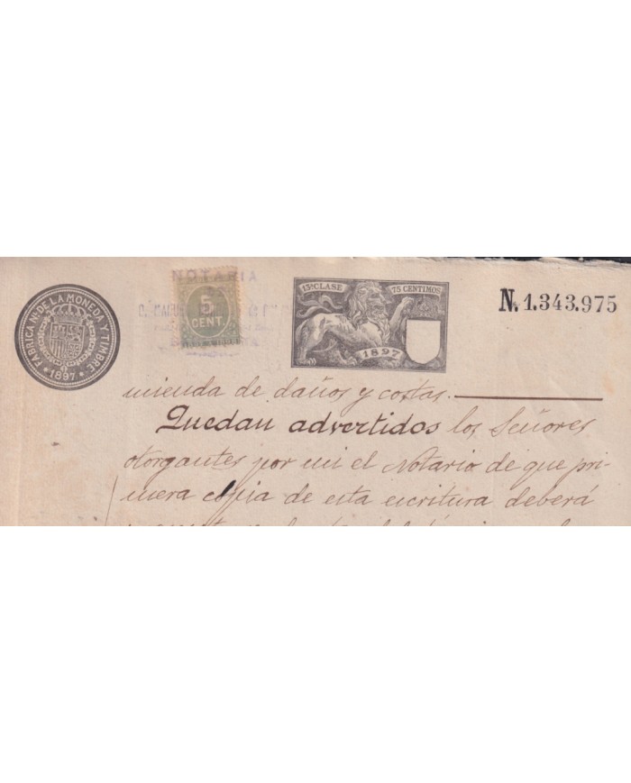 1897-PS-4 ESPAÑA SPAIN REVENUE SEALLED PAPER 1897 SELLO 13º + 5c WAR TAX.