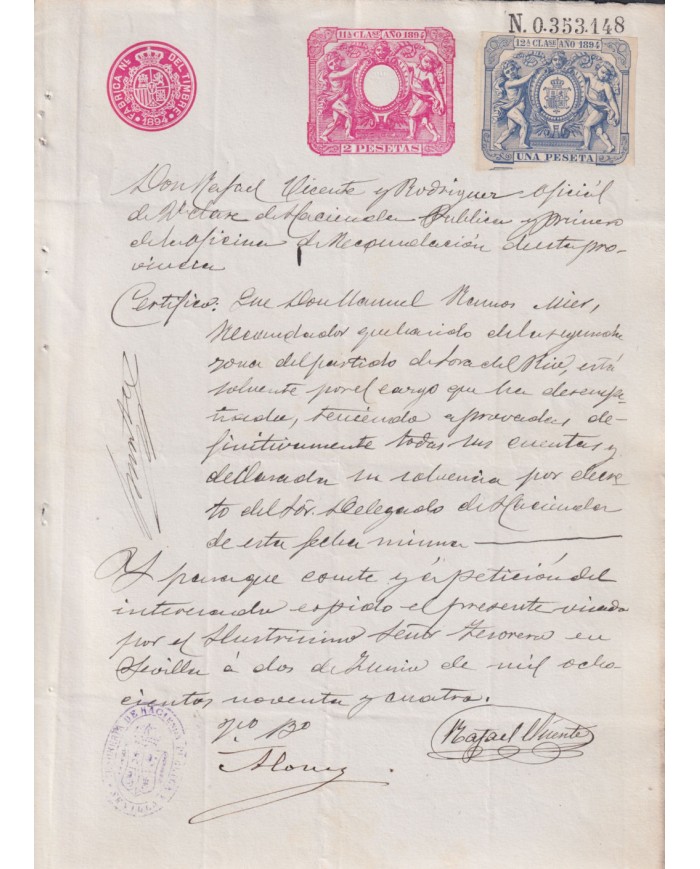 1894-PS-7 ESPAÑA SPAIN REVENUE SEALLED PAPER 1894 SELLO 11º + POLIZA.