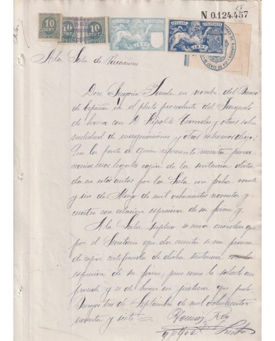 1897-PS-8 ESPAÑA SPAIN REVENUE SEALLED PAPER 1897 SELLO 11º + 10c WAR TAX ´+ LAWYER + POLIZAS.