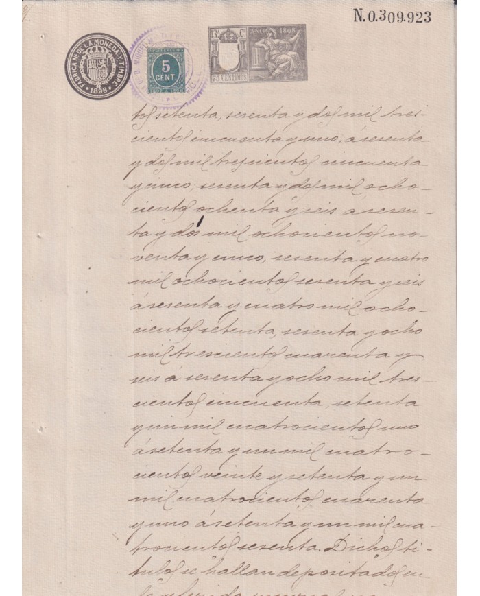 1898-PS-5 ESPAÑA SPAIN REVENUE SEALLED PAPER 1898 SELLO 13º + 5c WAR TAX.