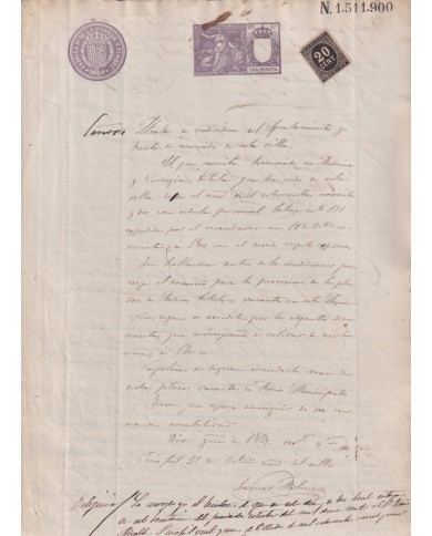 1899-PS-7 ESPAÑA SPAIN REVENUE SEALLED PAPER 1899 SELLO 12º + 20c WAR TAX.