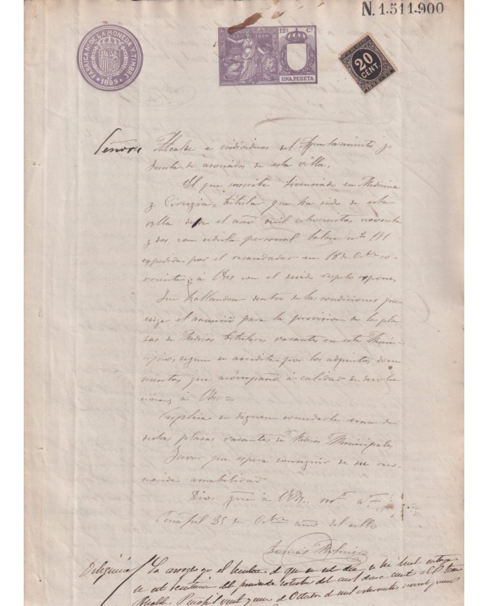 1899-PS-7 ESPAÑA SPAIN REVENUE SEALLED PAPER 1899 SELLO 12º + 20c WAR TAX.
