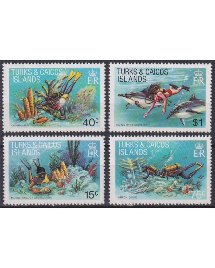 F-EX46765 TURKS & CAICOS MNH 1981 MARINE WILDLIFE REEF DOLPHINS SPONGE FISH.