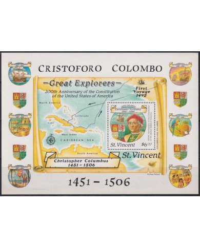 Z212 ST VINCENT MNH 1988 DISCOVERY DESCUBRIMIENTO COLUMBUS SHIP COLON SHEET.