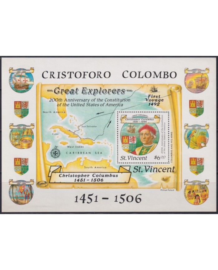 Z212 ST VINCENT MNH 1988 DISCOVERY DESCUBRIMIENTO COLUMBUS SHIP COLON SHEET.
