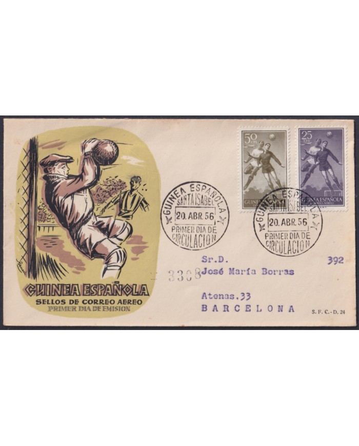F-EX45790 GUINEA EQUATORIAL 1956 REG FDC AIR MAIL 10ptas SOCCER FOOTBALL.