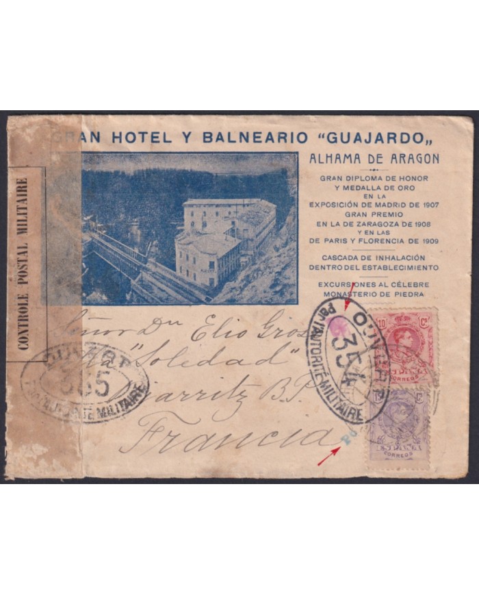 F-EX46410 SPAIN ESPAÑA 1916 CENSORSHIP ALHAMA DE ARANGON ILLUSTRATED COVER.