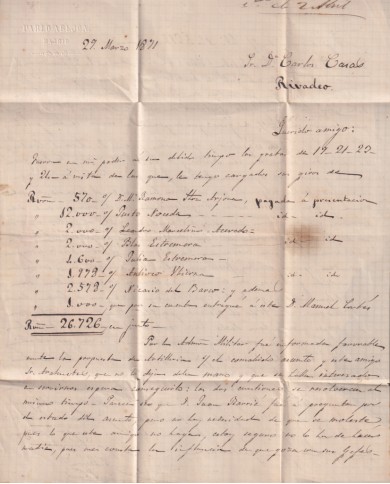F-EX46400 ESPAÑA SPAIN 1871 25mls MADRID TO RIVADEO, GALICIA.