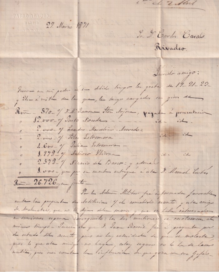 F-EX46400 ESPAÑA SPAIN 1871 25mls MADRID TO RIVADEO, GALICIA.