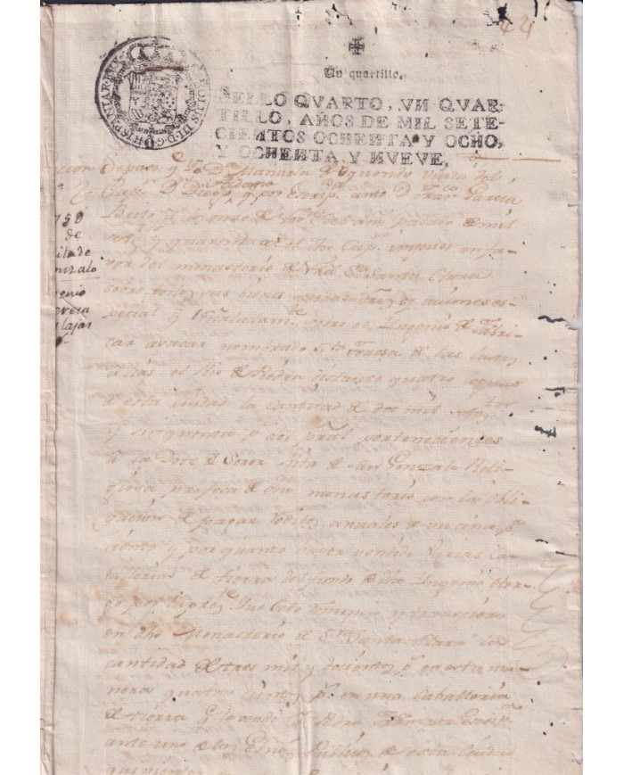 1789-PS-1 ESPAÑA SPAIN REVENUE SEALLED PAPER PAPEL SELLADO 1789 SELLO 4to.