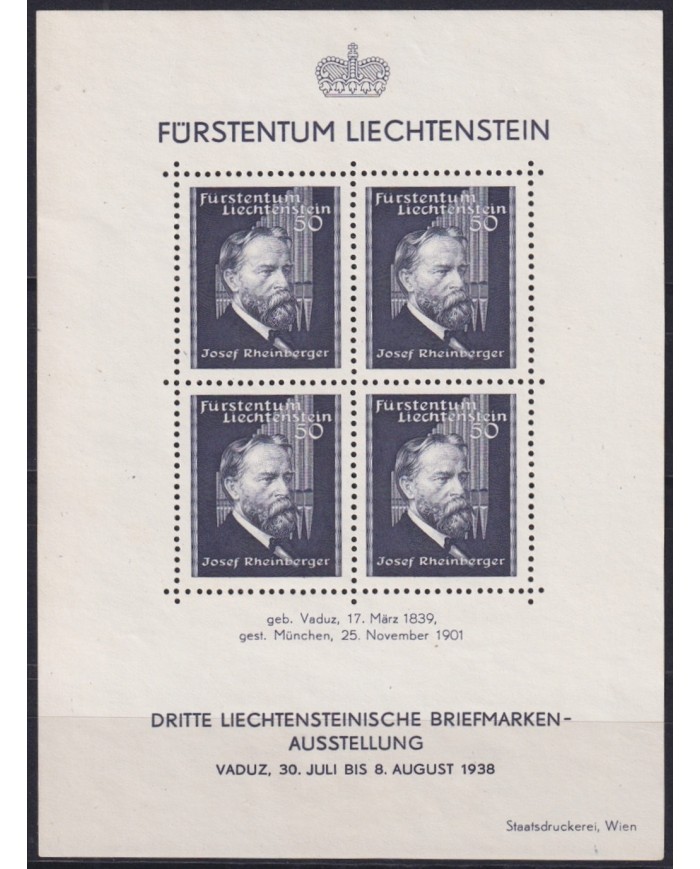 F-EX47387 LIECHTENSTEIN NO GUM 1938 STAMPS EXHIBITION JOSEF RHEINBERGER.
