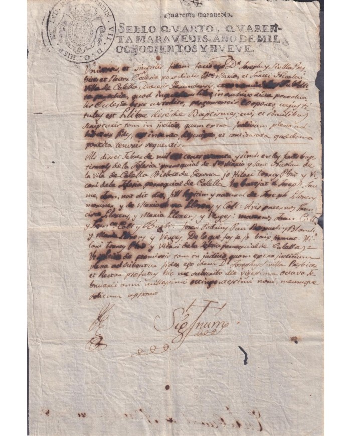 1809-PS-2 ESPAÑA SPAIN REVENUE SEALLED PAPER PAPEL SELLADO 1809 SELLO 4to.