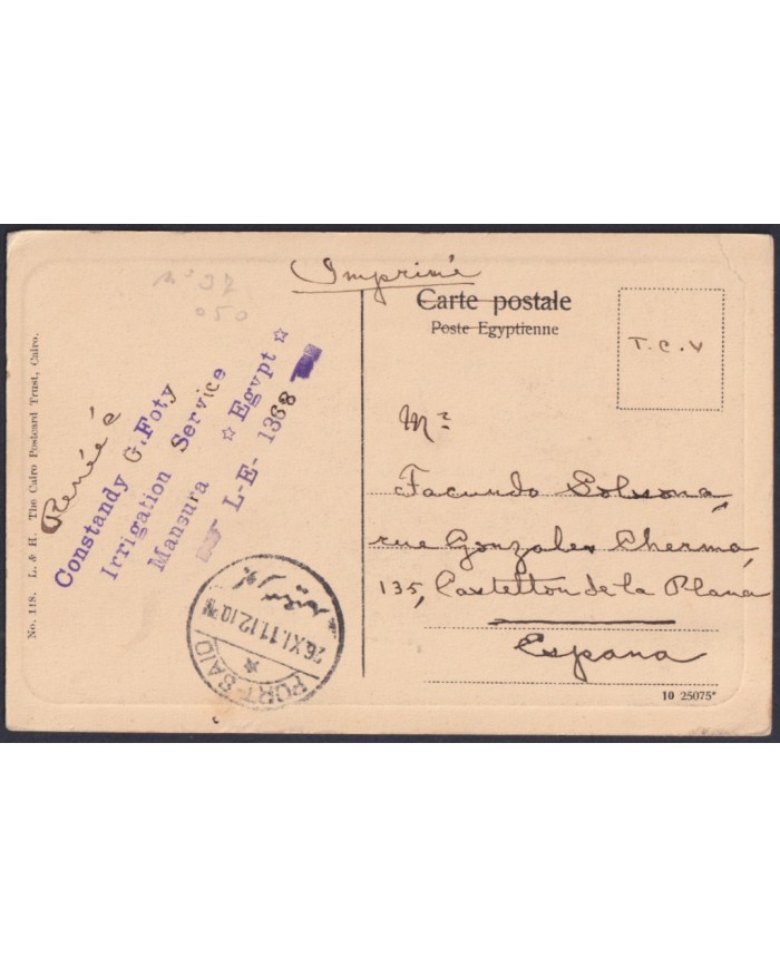 F-EX47147 EGYPT 1911 POSTCARD TO SPAIN. PORT SAID ALEXANDRIE HARBOR.
