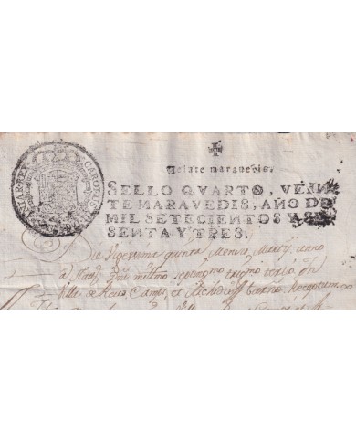 1763-PS-2 ESPAÑA SPAIN REVENUE SEALLED PAPER PAPEL SELLADO 1763 SELLO 4to.