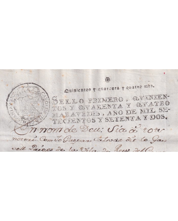 1772-PS-12 ESPAÑA SPAIN REVENUE SEALLED PAPER PAPEL SELLADO 1772 SELLO 1ro.