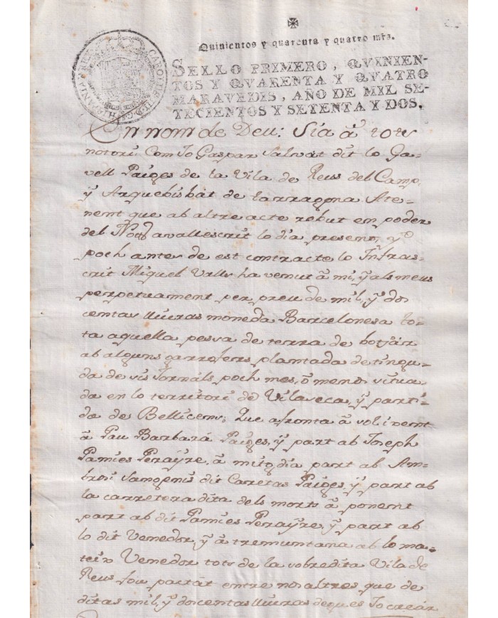 1772-PS-12 ESPAÑA SPAIN REVENUE SEALLED PAPER PAPEL SELLADO 1772 SELLO 1ro.