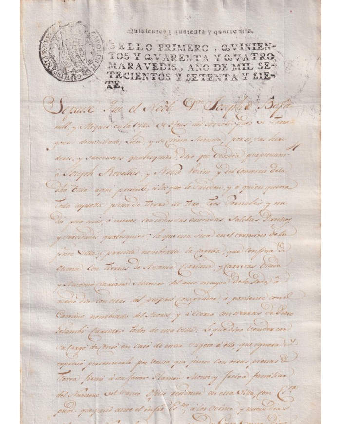 1777-PS-7 ESPAÑA SPAIN REVENUE SEALLED PAPER PAPEL SELLADO 1777 SELLO 1ro.