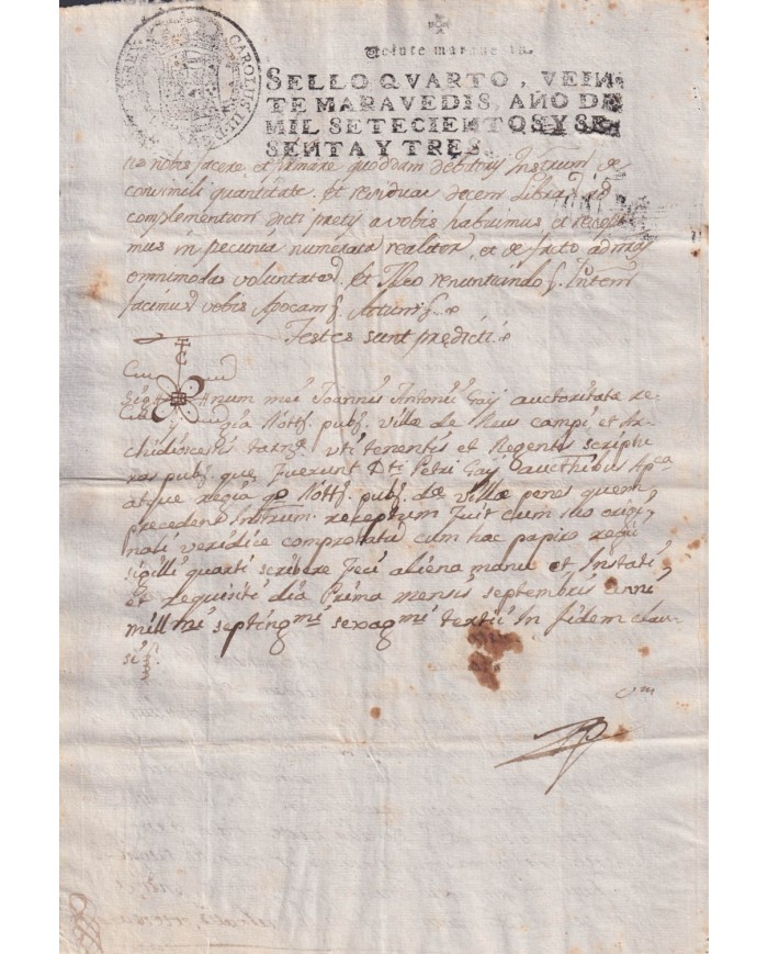 1763-PS-1 ESPAÑA SPAIN REVENUE SEALLED PAPER PAPEL SELLADO 1763 SELLO 4to.