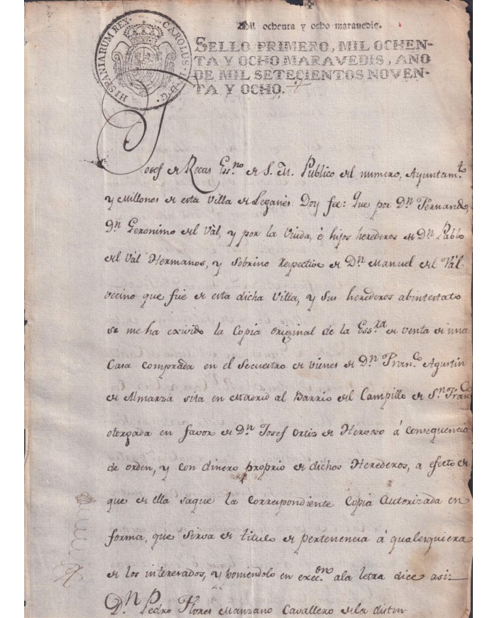 1798-PS-16 ESPAÑA SPAIN REVENUE SEALLED PAPER PAPEL SELLADO 1798 SELLO 1ro.