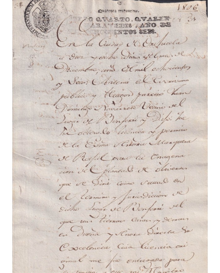 1806-PS-3 ESPAÑA SPAIN REVENUE SEALLED PAPER PAPEL SELLADO 1806 SELLO 4to.