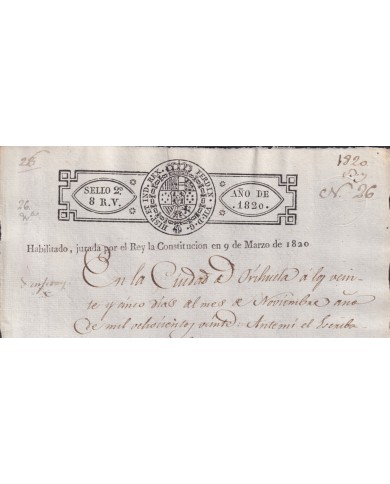 1820-PS-72 ESPAÑA SPAIN REVENUE SEALLED PAPER HABILITADO JURADA LA CONSTITUCION 2do.