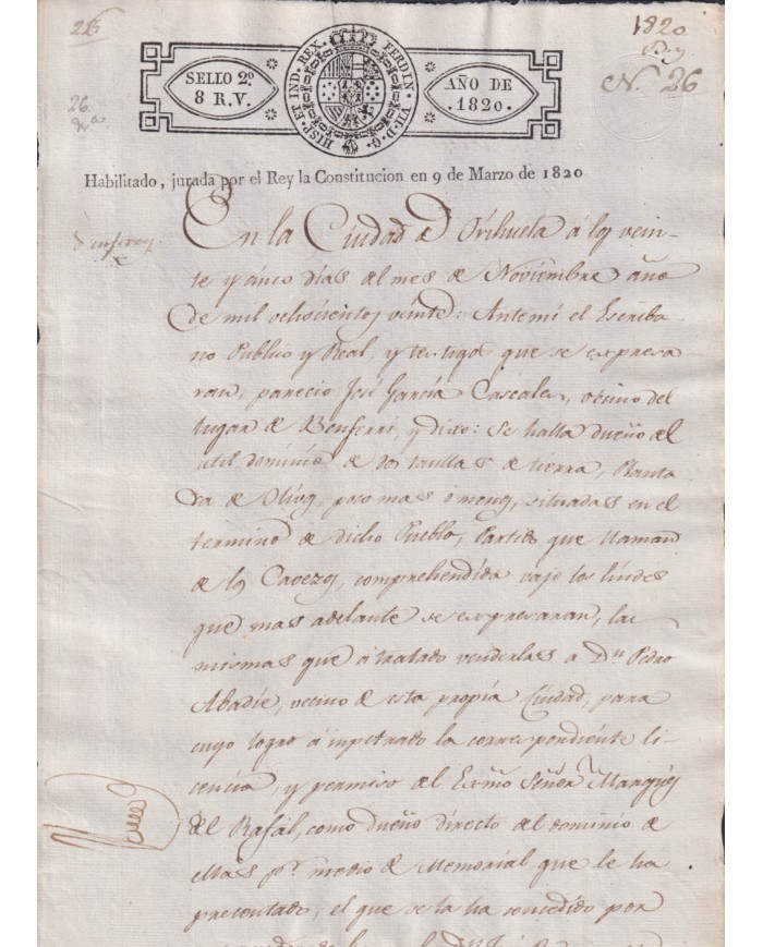 1820-PS-72 ESPAÑA SPAIN REVENUE SEALLED PAPER HABILITADO JURADA LA CONSTITUCION 2do.