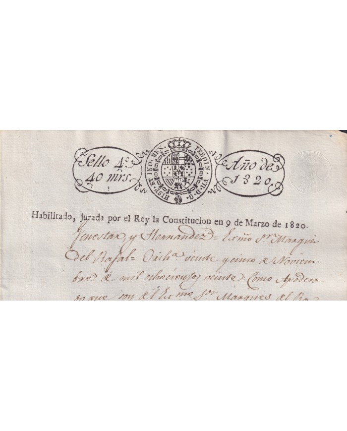 1820-PS-73 ESPAÑA SPAIN REVENUE SEALLED PAPER HABILITADO JURADA LA CONSTITUCION 4to.