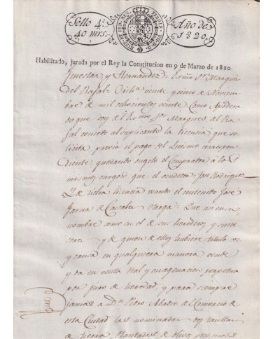 1820-PS-73 ESPAÑA SPAIN REVENUE SEALLED PAPER HABILITADO JURADA LA CONSTITUCION 4to.