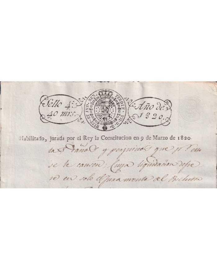 1820-PS-74 ESPAÑA SPAIN REVENUE SEALLED PAPER HABILITADO JURADA LA CONSTITUCION 4to.