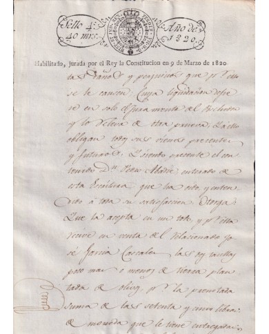 1820-PS-74 ESPAÑA SPAIN REVENUE SEALLED PAPER HABILITADO JURADA LA CONSTITUCION 4to.