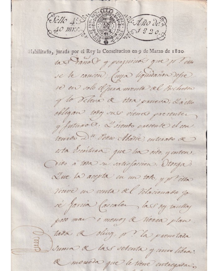1820-PS-74 ESPAÑA SPAIN REVENUE SEALLED PAPER HABILITADO JURADA LA CONSTITUCION 4to.